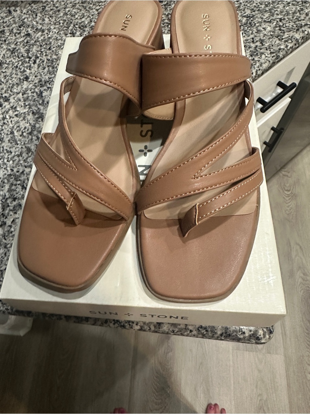 Sun + Stone Tan Crisscross Toe-Ring Slide Sandals